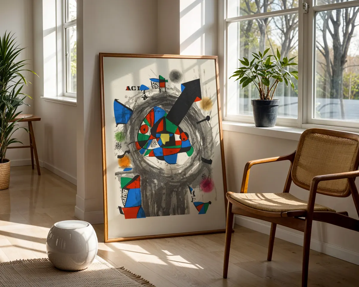Surrealist abstract poster with playful biomorphic forms and constellation motifs in bold primary colours with black organic lines. — photo 5
