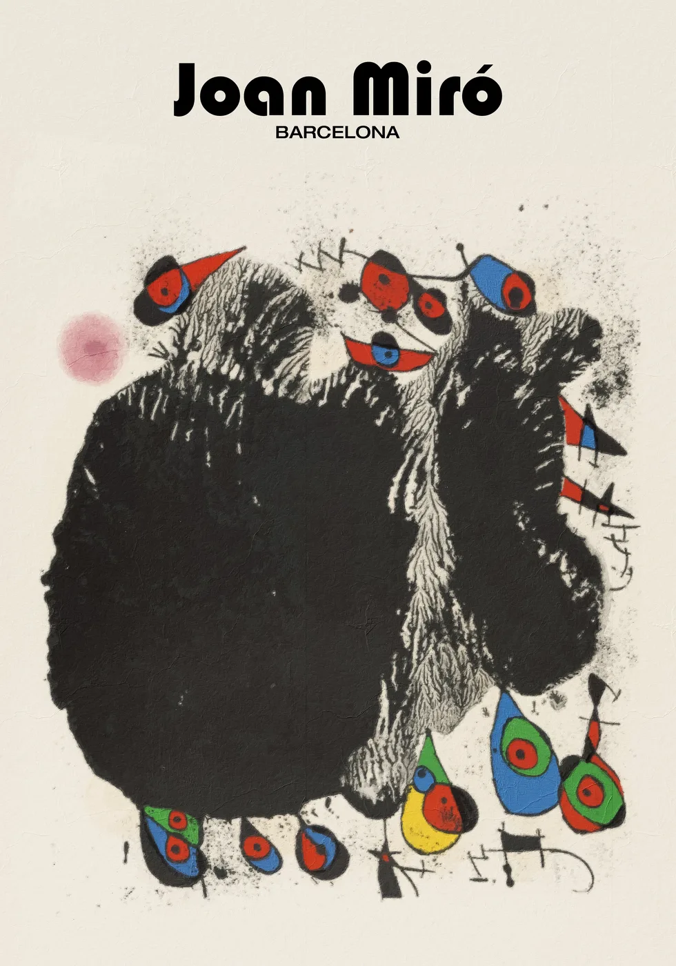 Surrealist abstract poster with joyful biomorphic and cosmic forms in bold primary and earth tones with organic black lines.