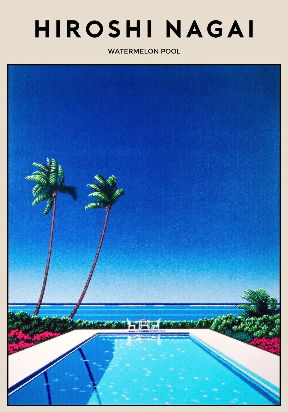 Retro Japanese graphic design poster of a watermelon and pool scene in bold red, green and blue geometric shapes.