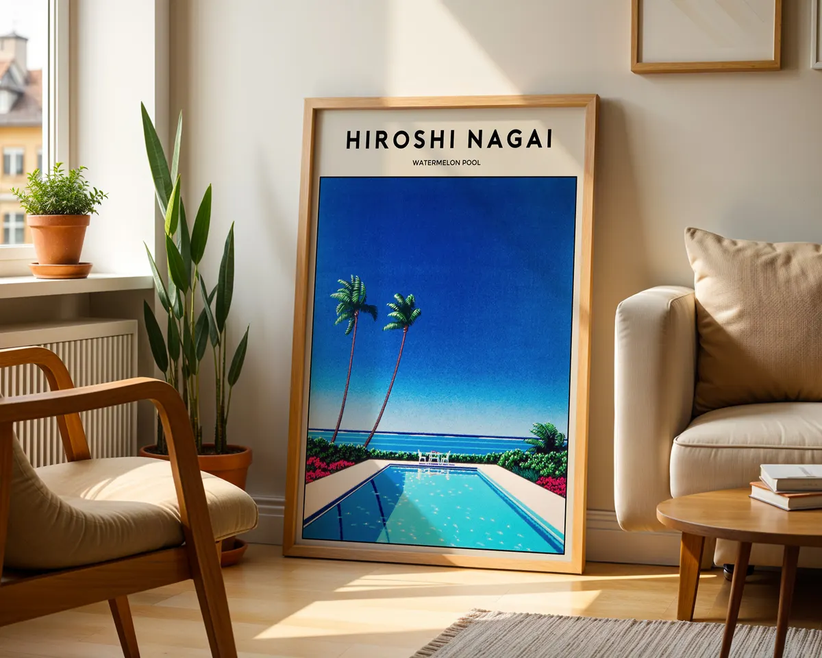 Retro Japanese graphic design poster of a watermelon and pool scene in bold red, green and blue geometric shapes. — photo 2