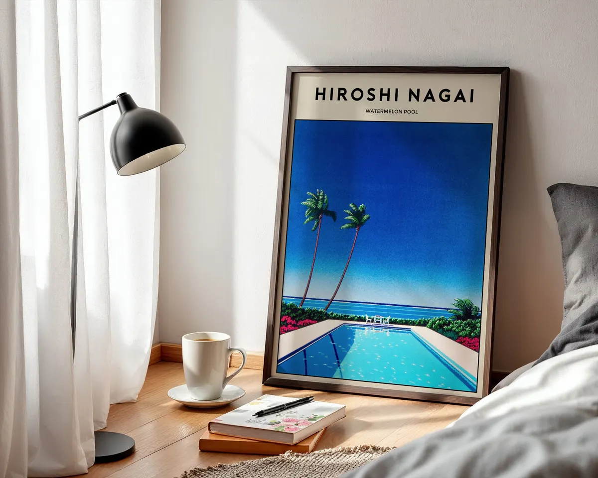 Retro Japanese graphic design poster of a watermelon and pool scene in bold red, green and blue geometric shapes. — photo 3