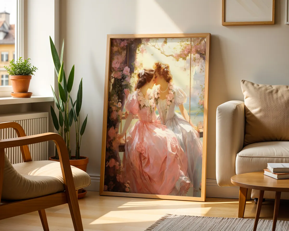 Rococo style art print of two women in a tender intimate moment painted in soft warm French palette. — photo 2