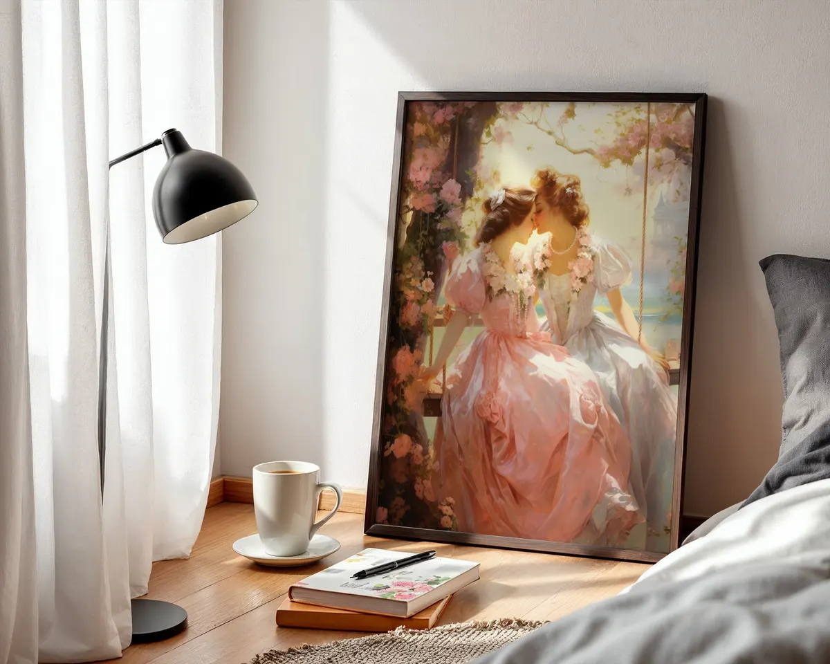 Rococo style art print of two women in a tender intimate moment painted in soft warm French palette. — photo 3