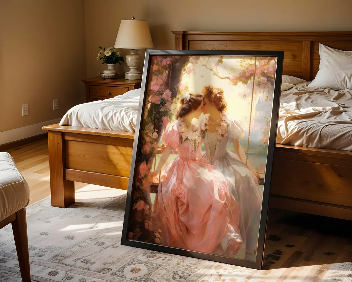 Rococo style art print of two women in a tender intimate moment painted in soft warm French palette. — photo 4