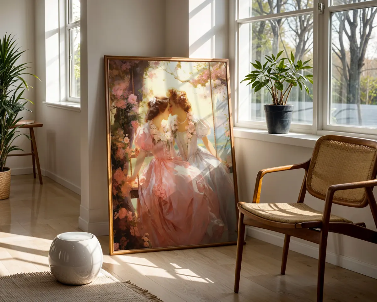 Rococo style art print of two women in a tender intimate moment painted in soft warm French palette. — photo 5