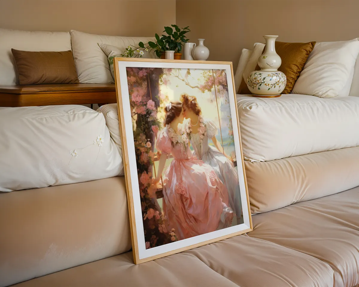 Rococo style art print of two women in a tender intimate moment painted in soft warm French palette. — photo 6