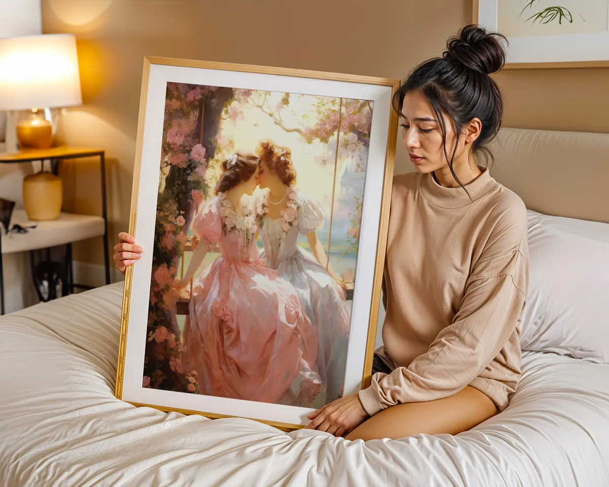Rococo style art print of two women in a tender intimate moment painted in soft warm French palette. — photo 7