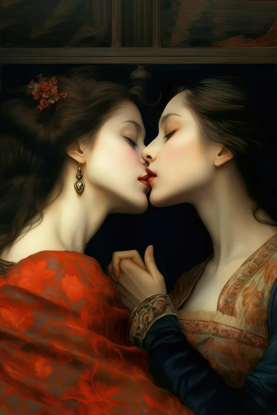 Renaissance style fine art print of two women in a romantic embrace with dramatic chiaroscuro light and rich warm tones.
