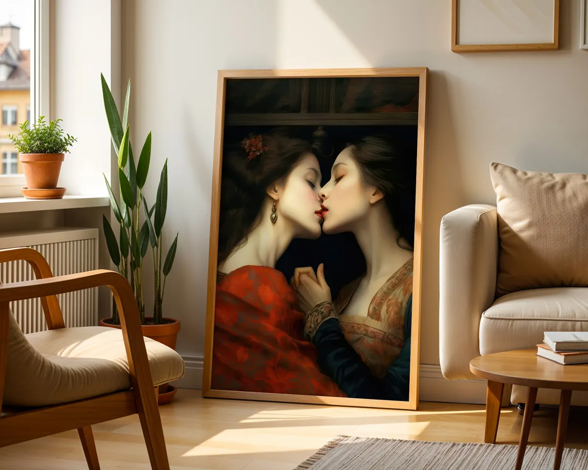 Renaissance style fine art print of two women in a romantic embrace with dramatic chiaroscuro light and rich warm tones. — photo 2