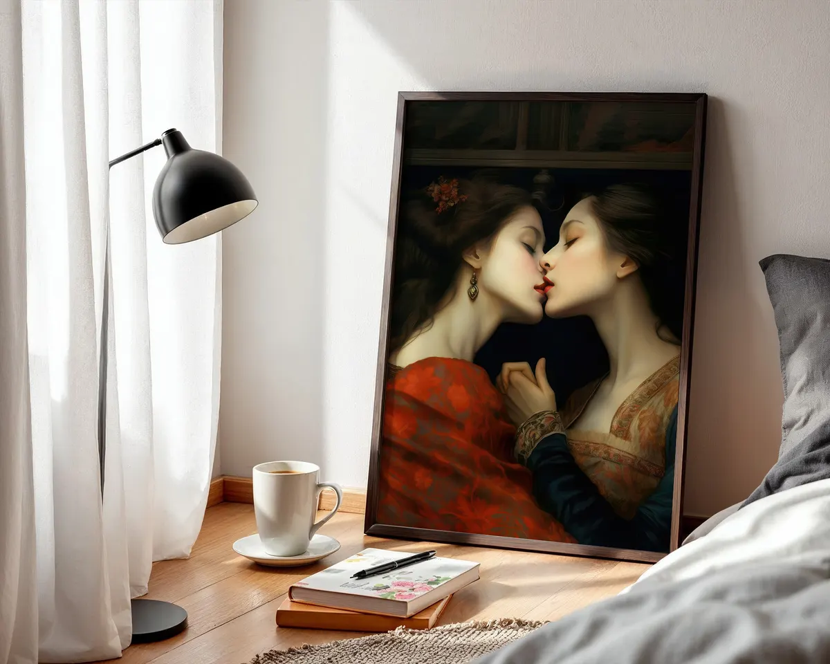 Renaissance style fine art print of two women in a romantic embrace with dramatic chiaroscuro light and rich warm tones. — photo 3