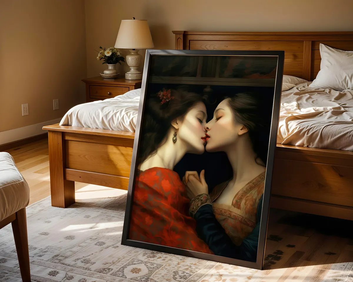 Renaissance style fine art print of two women in a romantic embrace with dramatic chiaroscuro light and rich warm tones. — photo 4