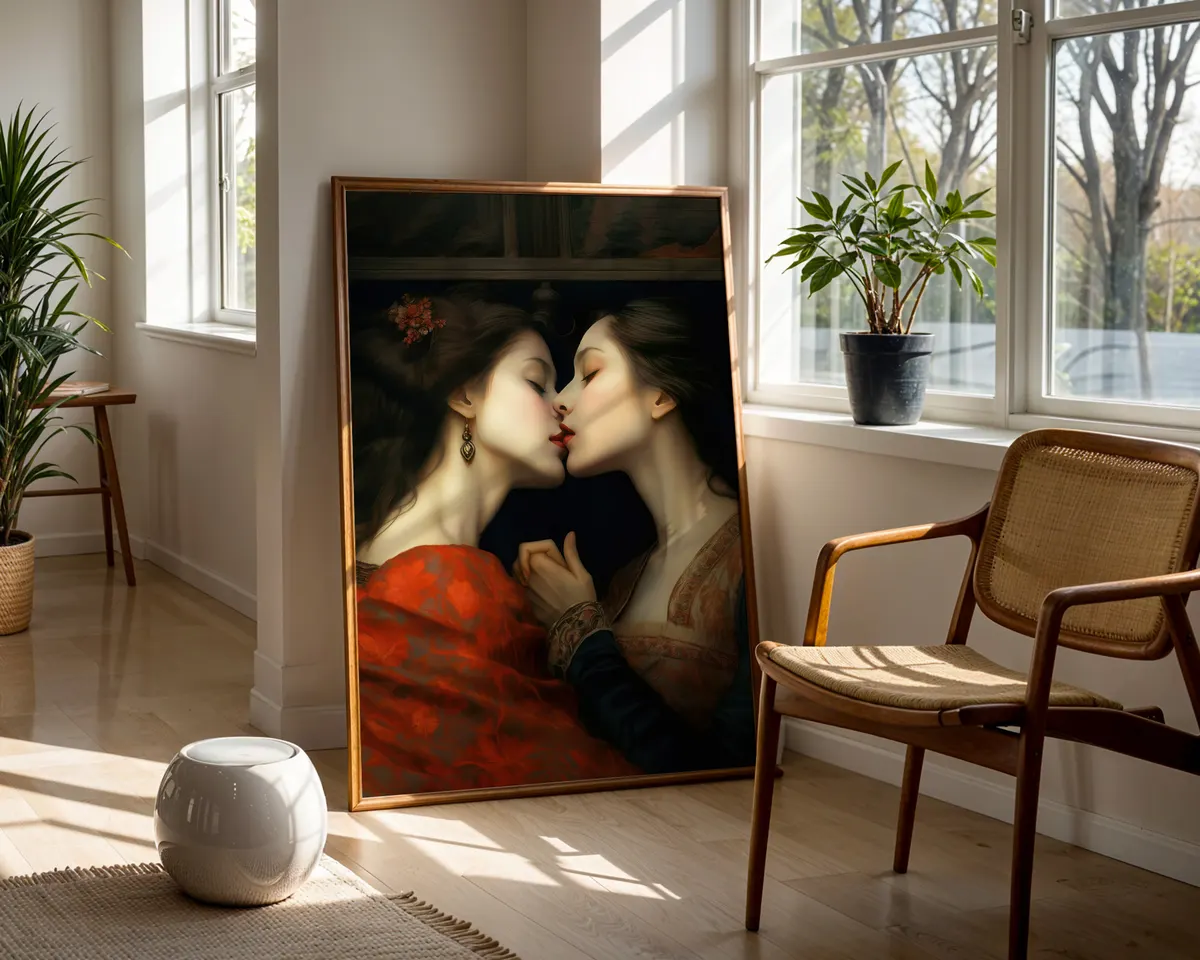 Renaissance style fine art print of two women in a romantic embrace with dramatic chiaroscuro light and rich warm tones. — photo 5