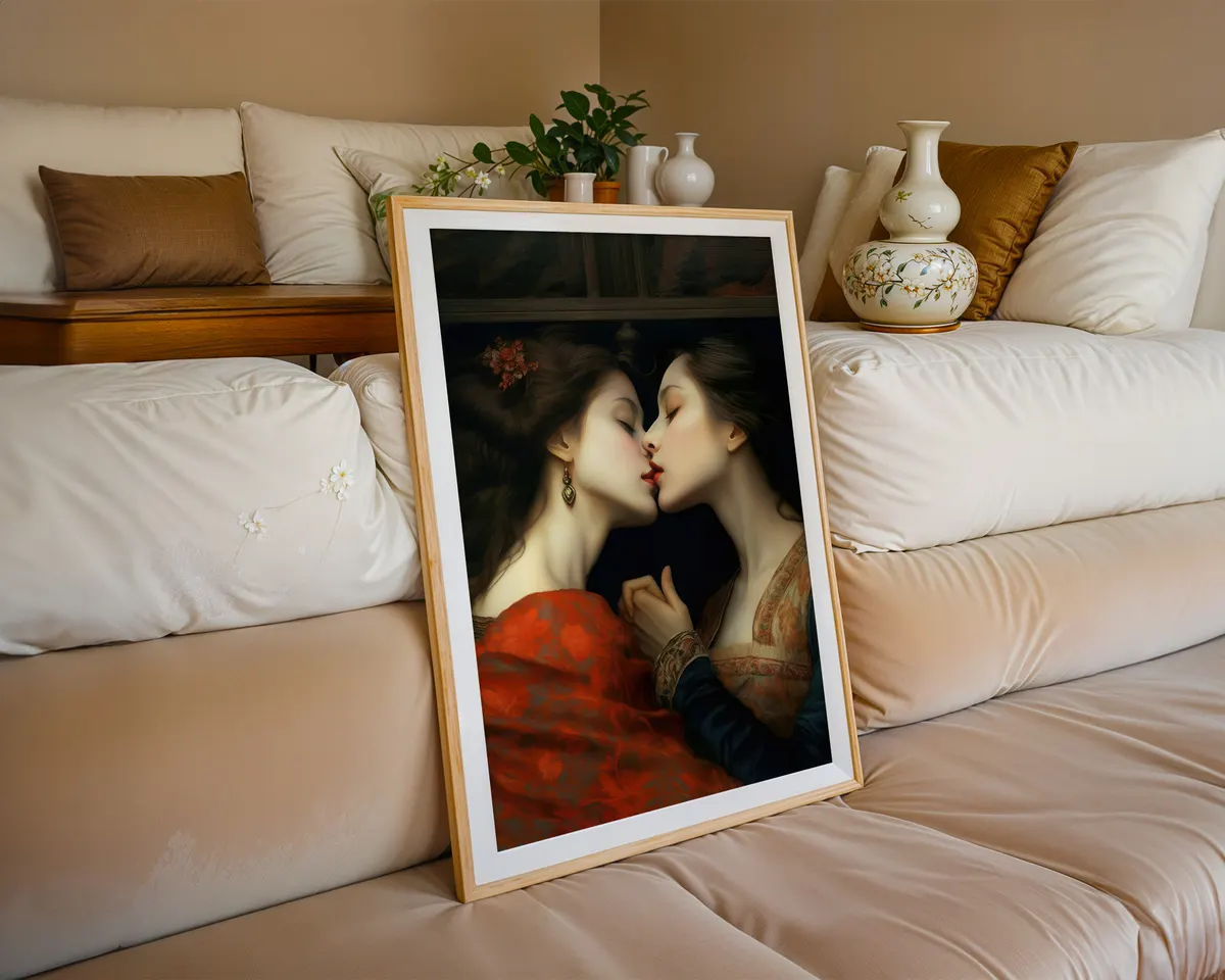 Renaissance style fine art print of two women in a romantic embrace with dramatic chiaroscuro light and rich warm tones. — photo 6