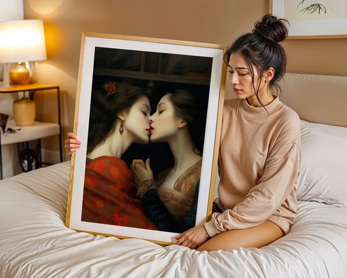 Renaissance style fine art print of two women in a romantic embrace with dramatic chiaroscuro light and rich warm tones. — photo 7