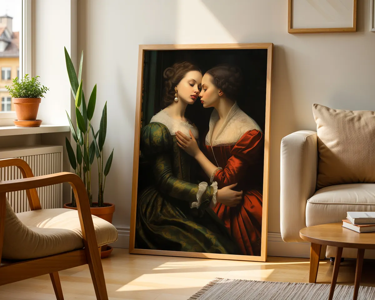 Renaissance style art print of a lesbian couple in classical composition with warm dramatic light and shadow. — photo 2