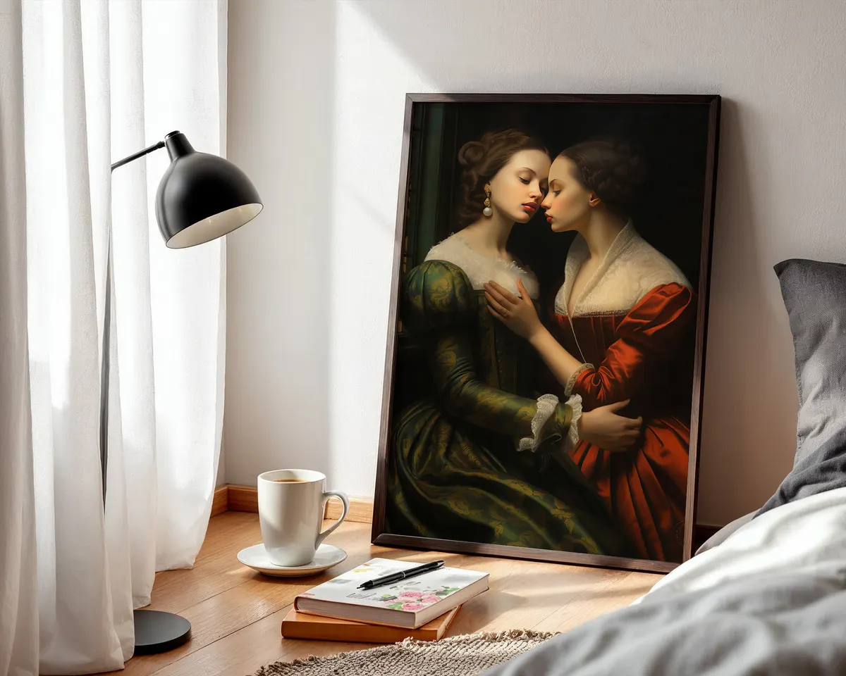 Renaissance style art print of a lesbian couple in classical composition with warm dramatic light and shadow. — photo 3