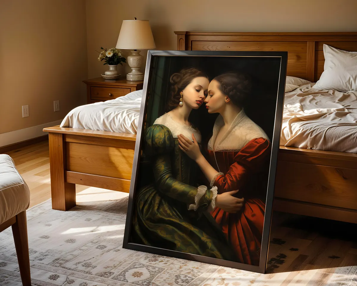 Renaissance style art print of a lesbian couple in classical composition with warm dramatic light and shadow. — photo 4