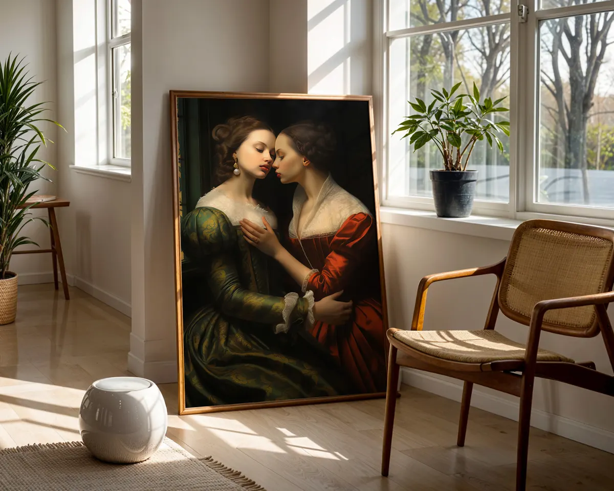 Renaissance style art print of a lesbian couple in classical composition with warm dramatic light and shadow. — photo 5