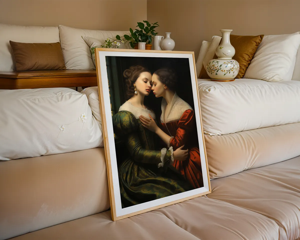Renaissance style art print of a lesbian couple in classical composition with warm dramatic light and shadow. — photo 6