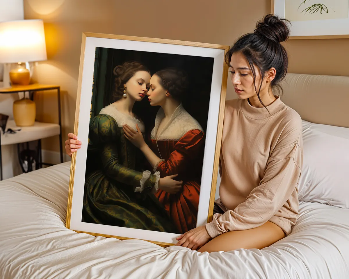Renaissance style art print of a lesbian couple in classical composition with warm dramatic light and shadow. — photo 7