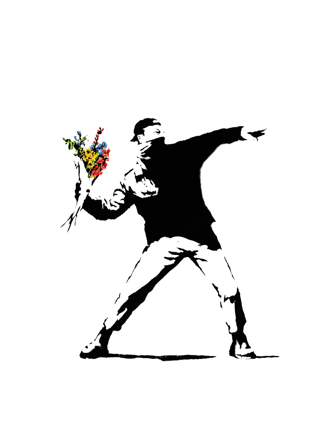 Banksy-inspired Flower Thrower protest street art poster print, iconic masked figure throwing bouquet composition, love-as-protest visual language, bold black and white graphic stencil aesthetic, urban social commentary design, British street art movement, archival quality print, street art collector wall piece, protest art home décor, graffiti-inspired statement art, iconic contemporary print.