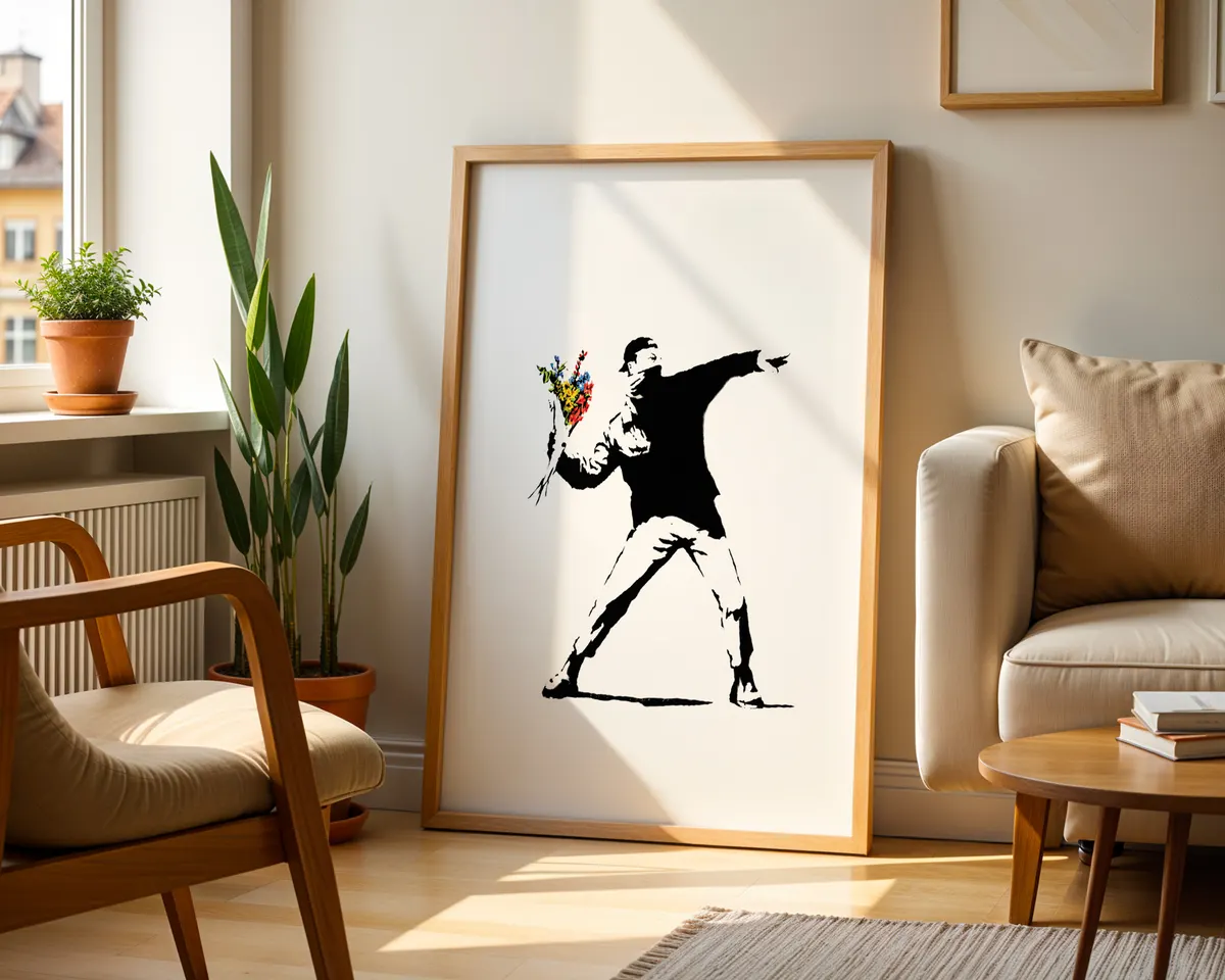 Banksy-inspired Flower Thrower protest street art poster print, iconic masked figure throwing bouquet composition, love-as-protest visual language, bold black and white graphic stencil aesthetic, urban social commentary design, British street art movement, archival quality print, street art collector wall piece, protest art home décor, graffiti-inspired statement art, iconic contemporary print. — photo 2