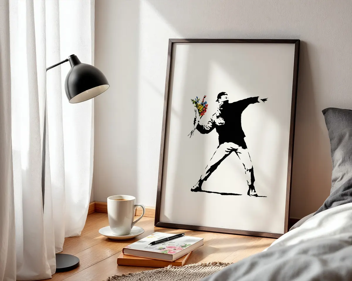 Banksy-inspired Flower Thrower protest street art poster print, iconic masked figure throwing bouquet composition, love-as-protest visual language, bold black and white graphic stencil aesthetic, urban social commentary design, British street art movement, archival quality print, street art collector wall piece, protest art home décor, graffiti-inspired statement art, iconic contemporary print. — photo 3