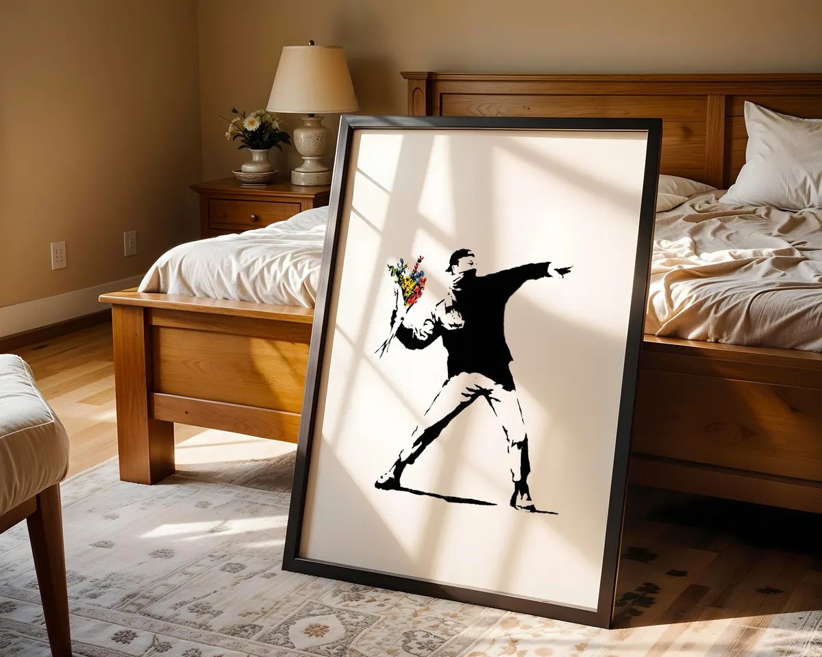 Banksy-inspired Flower Thrower protest street art poster print, iconic masked figure throwing bouquet composition, love-as-protest visual language, bold black and white graphic stencil aesthetic, urban social commentary design, British street art movement, archival quality print, street art collector wall piece, protest art home décor, graffiti-inspired statement art, iconic contemporary print. — photo 4