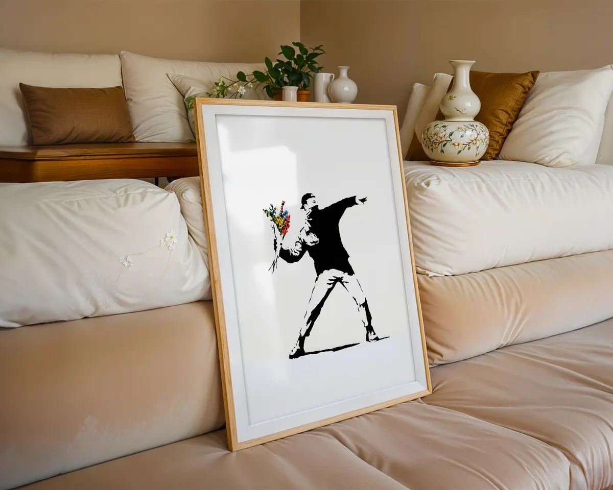 Banksy-inspired Flower Thrower protest street art poster print, iconic masked figure throwing bouquet composition, love-as-protest visual language, bold black and white graphic stencil aesthetic, urban social commentary design, British street art movement, archival quality print, street art collector wall piece, protest art home décor, graffiti-inspired statement art, iconic contemporary print. — photo 6