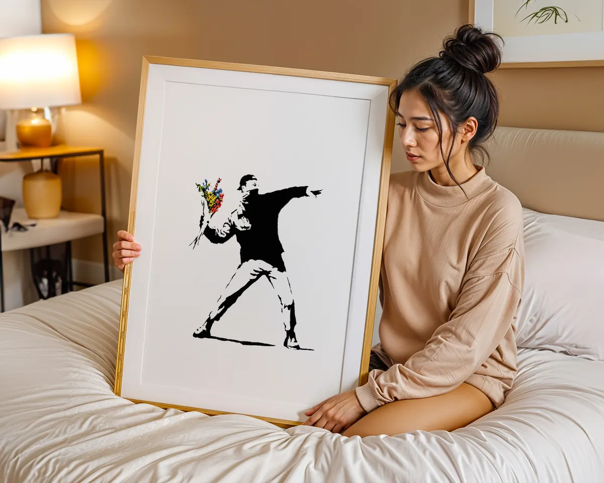 Banksy-inspired Flower Thrower protest street art poster print, iconic masked figure throwing bouquet composition, love-as-protest visual language, bold black and white graphic stencil aesthetic, urban social commentary design, British street art movement, archival quality print, street art collector wall piece, protest art home décor, graffiti-inspired statement art, iconic contemporary print. — photo 7