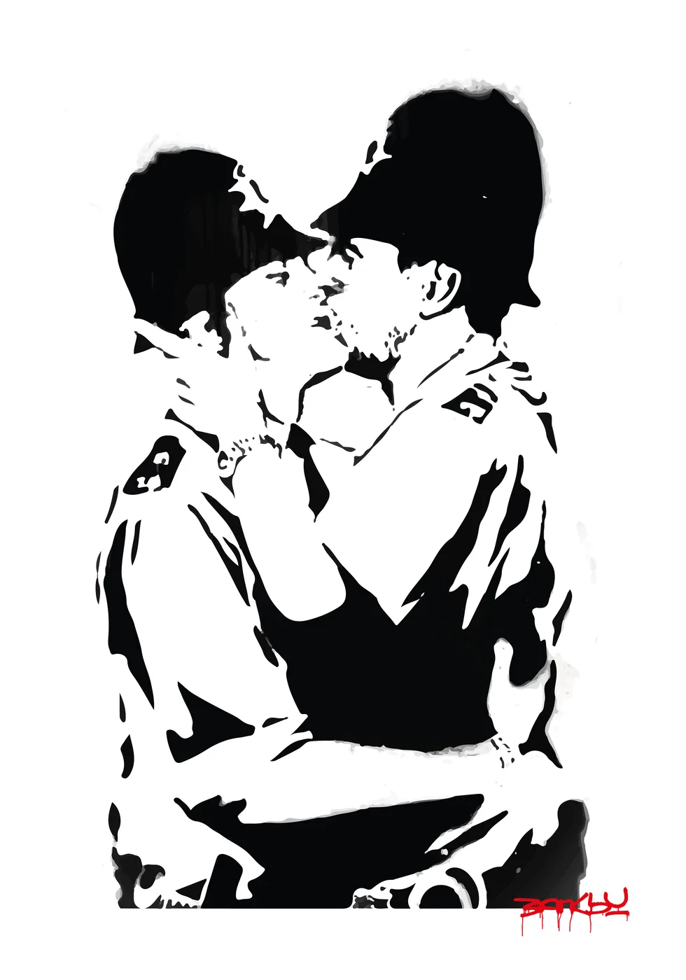 Banksy-inspired Police Kiss queer street art poster print, two police officers kissing as LGBTQ+ protest statement, bold black and white stencil design, queer visibility activism visual language, British street art movement, love and authority subversion aesthetic, archival quality print, LGBTQ+ street art collector piece, queer home décor statement, gay pride protest art gift, queer visibility wall art.