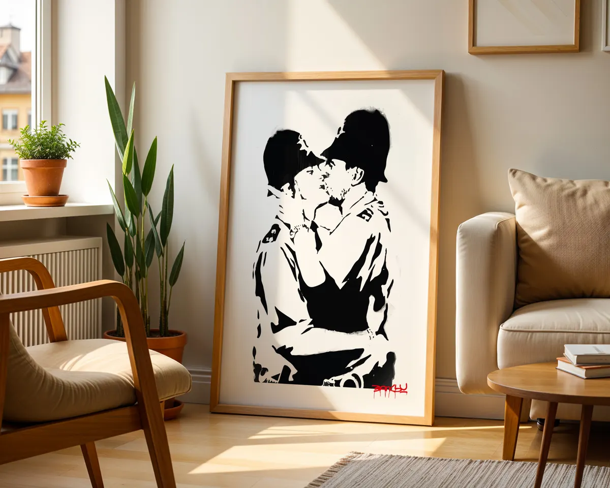 Banksy-inspired Police Kiss queer street art poster print, two police officers kissing as LGBTQ+ protest statement, bold black and white stencil design, queer visibility activism visual language, British street art movement, love and authority subversion aesthetic, archival quality print, LGBTQ+ street art collector piece, queer home décor statement, gay pride protest art gift, queer visibility wall art. — photo 2