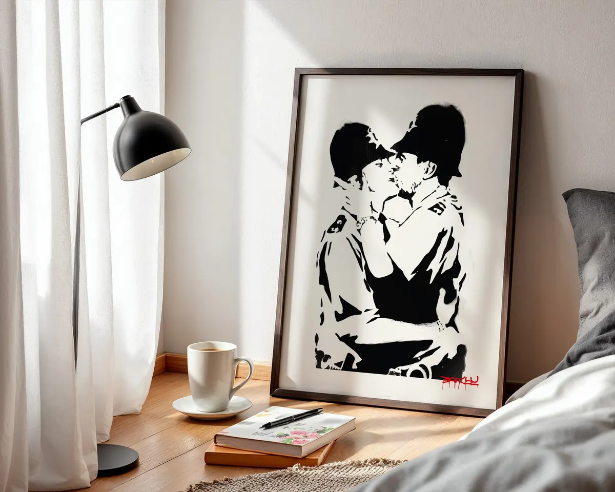 Banksy-inspired Police Kiss queer street art poster print, two police officers kissing as LGBTQ+ protest statement, bold black and white stencil design, queer visibility activism visual language, British street art movement, love and authority subversion aesthetic, archival quality print, LGBTQ+ street art collector piece, queer home décor statement, gay pride protest art gift, queer visibility wall art. — photo 3