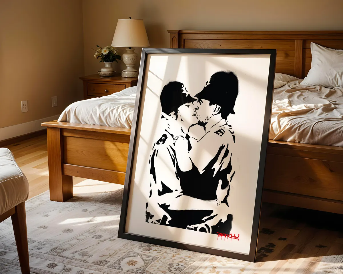 Banksy-inspired Police Kiss queer street art poster print, two police officers kissing as LGBTQ+ protest statement, bold black and white stencil design, queer visibility activism visual language, British street art movement, love and authority subversion aesthetic, archival quality print, LGBTQ+ street art collector piece, queer home décor statement, gay pride protest art gift, queer visibility wall art. — photo 4