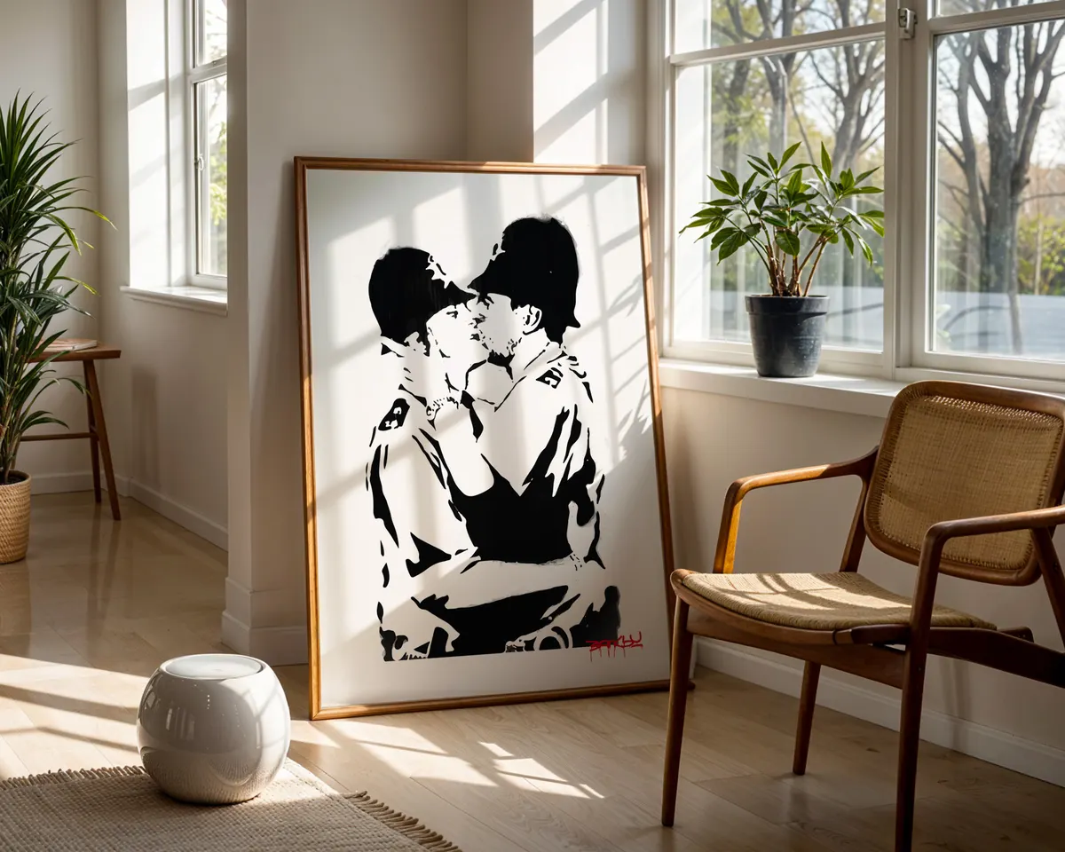 Banksy-inspired Police Kiss queer street art poster print, two police officers kissing as LGBTQ+ protest statement, bold black and white stencil design, queer visibility activism visual language, British street art movement, love and authority subversion aesthetic, archival quality print, LGBTQ+ street art collector piece, queer home décor statement, gay pride protest art gift, queer visibility wall art. — photo 5
