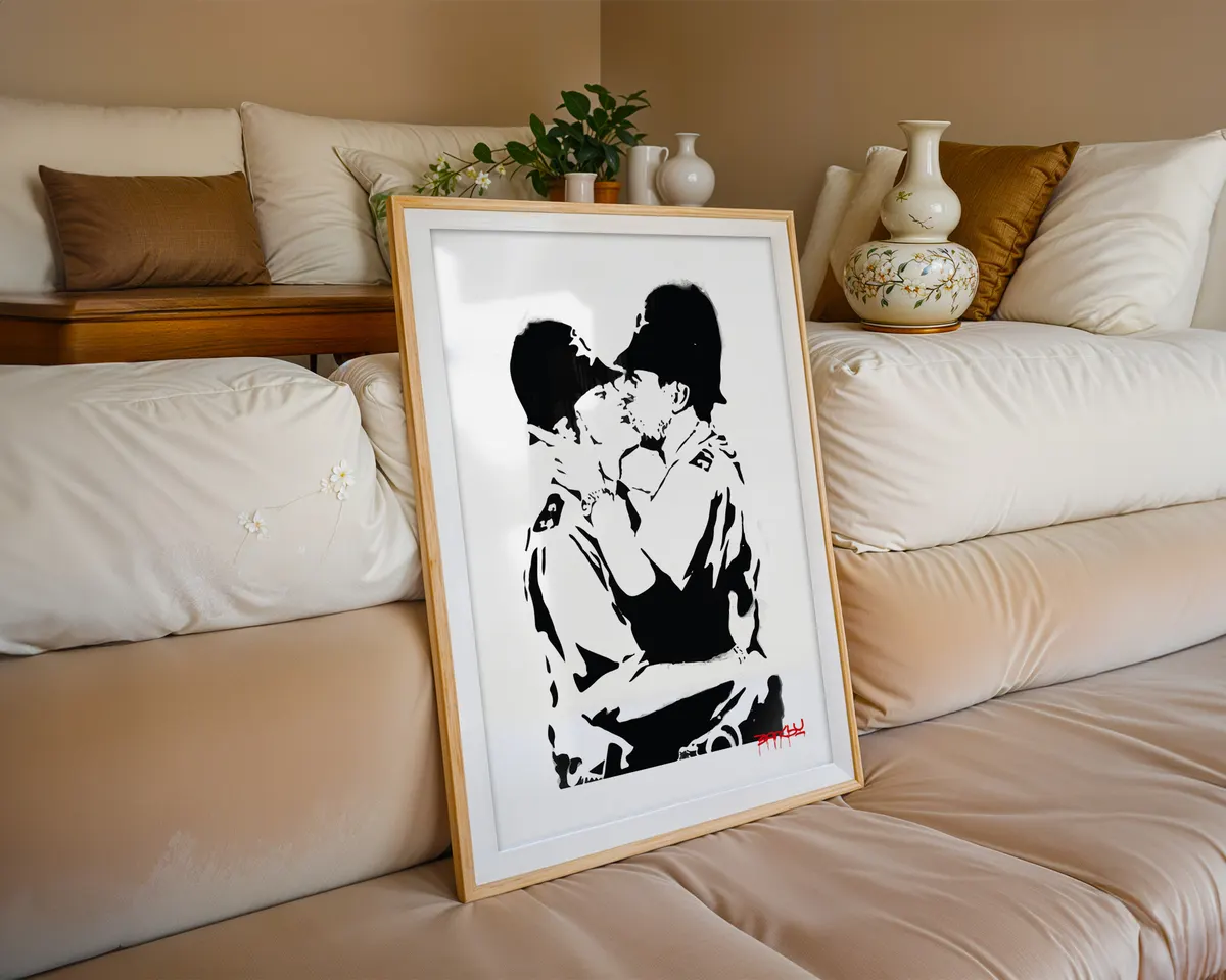 Banksy-inspired Police Kiss queer street art poster print, two police officers kissing as LGBTQ+ protest statement, bold black and white stencil design, queer visibility activism visual language, British street art movement, love and authority subversion aesthetic, archival quality print, LGBTQ+ street art collector piece, queer home décor statement, gay pride protest art gift, queer visibility wall art. — photo 6