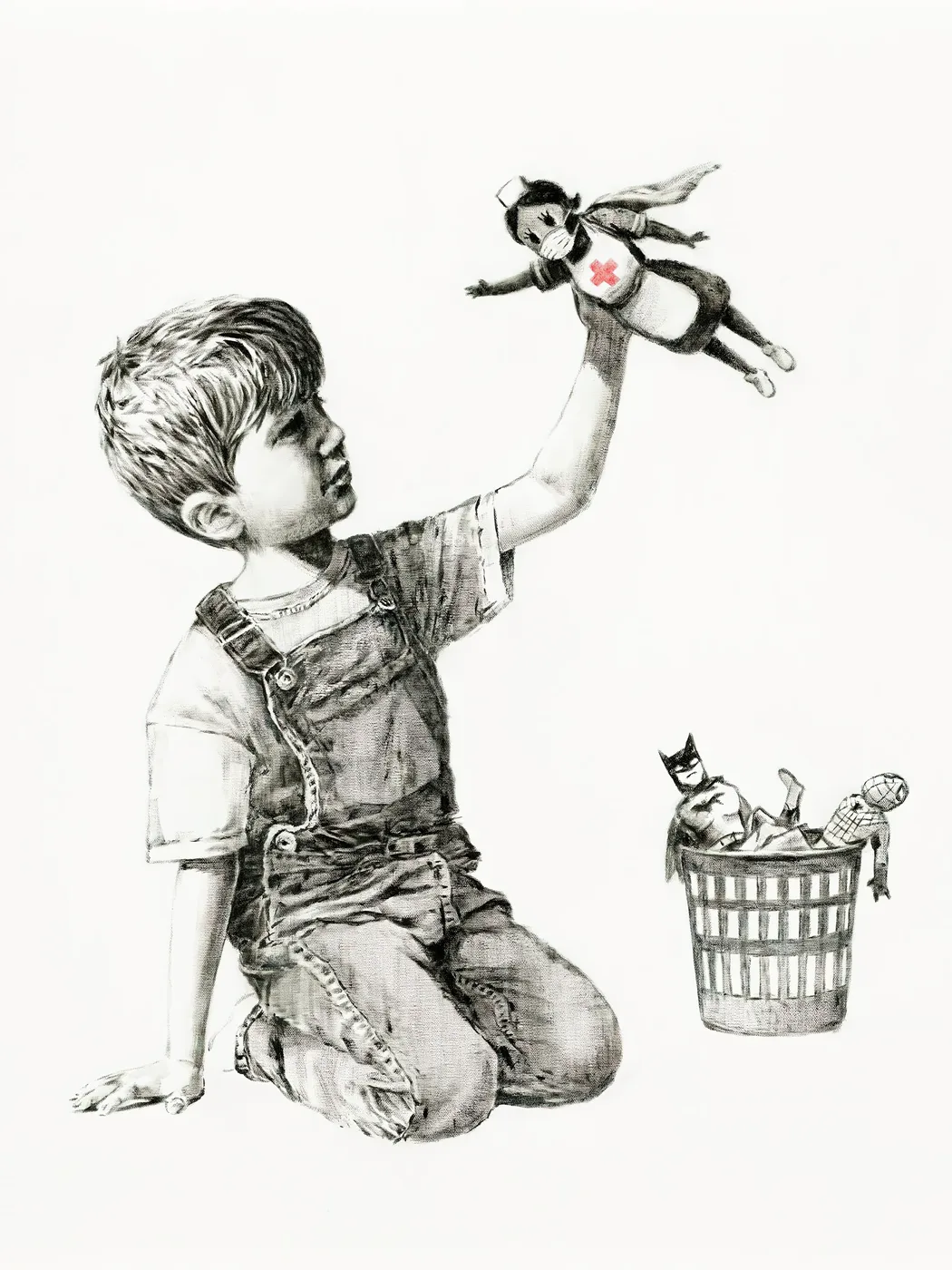 Street art style poster with a dark witty stencil composition blending childhood imagery and social commentary.