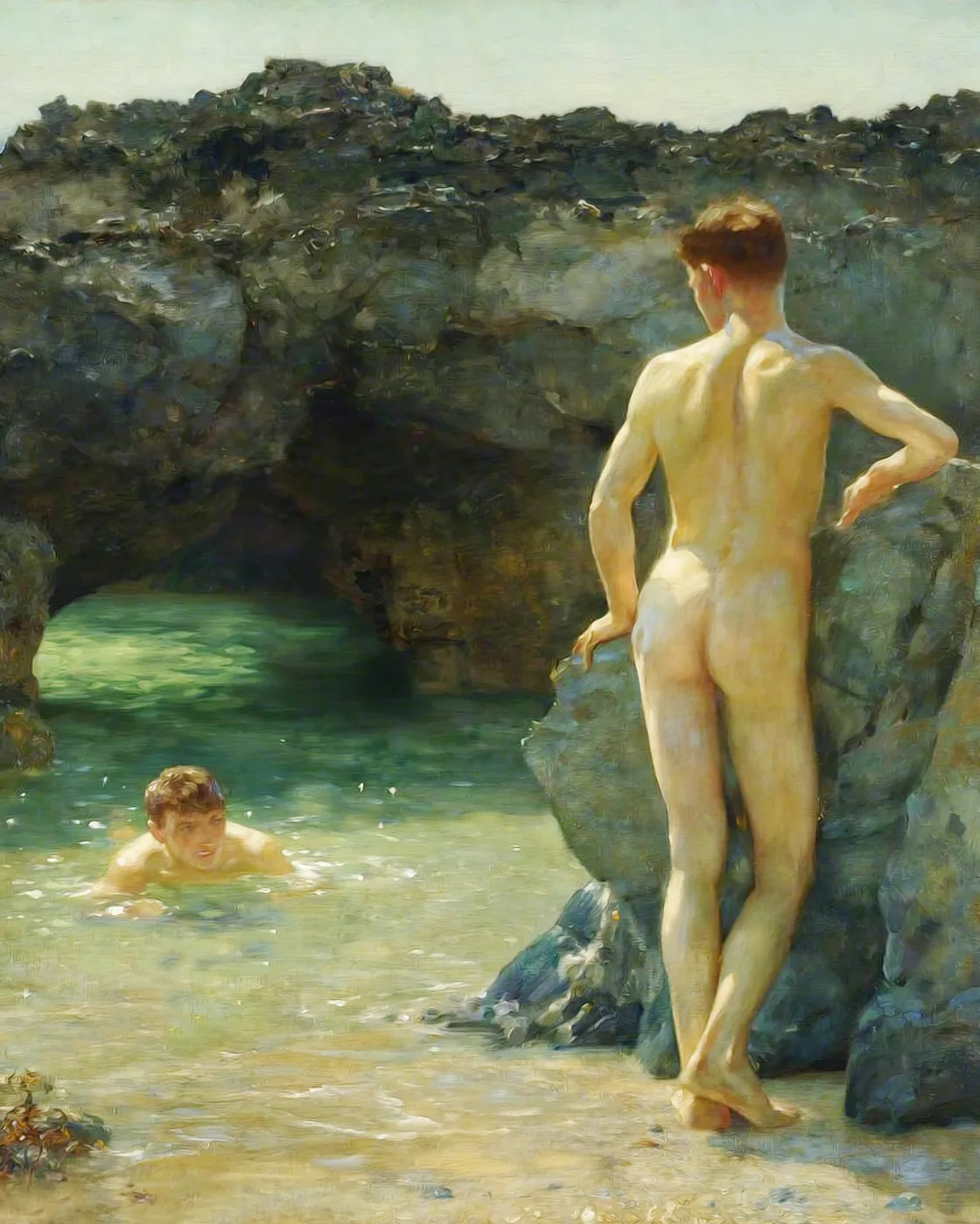 Victorian style coastal painting poster of luminous green waterways with dappled light and soft reflections.
