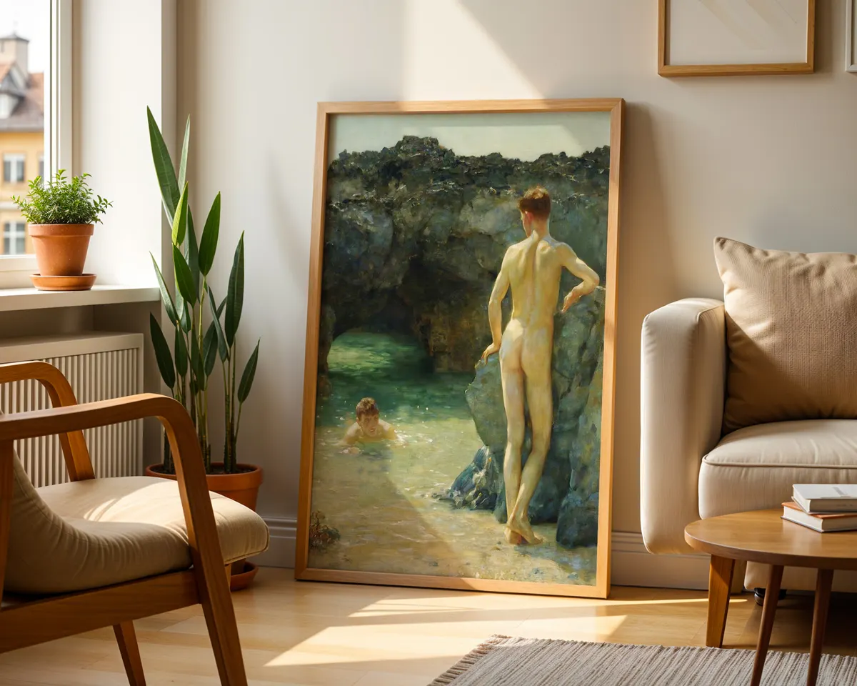 Victorian style coastal painting poster of luminous green waterways with dappled light and soft reflections. — photo 2