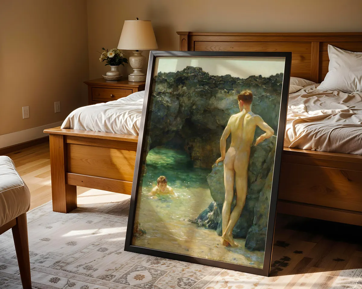 Victorian style coastal painting poster of luminous green waterways with dappled light and soft reflections. — photo 4