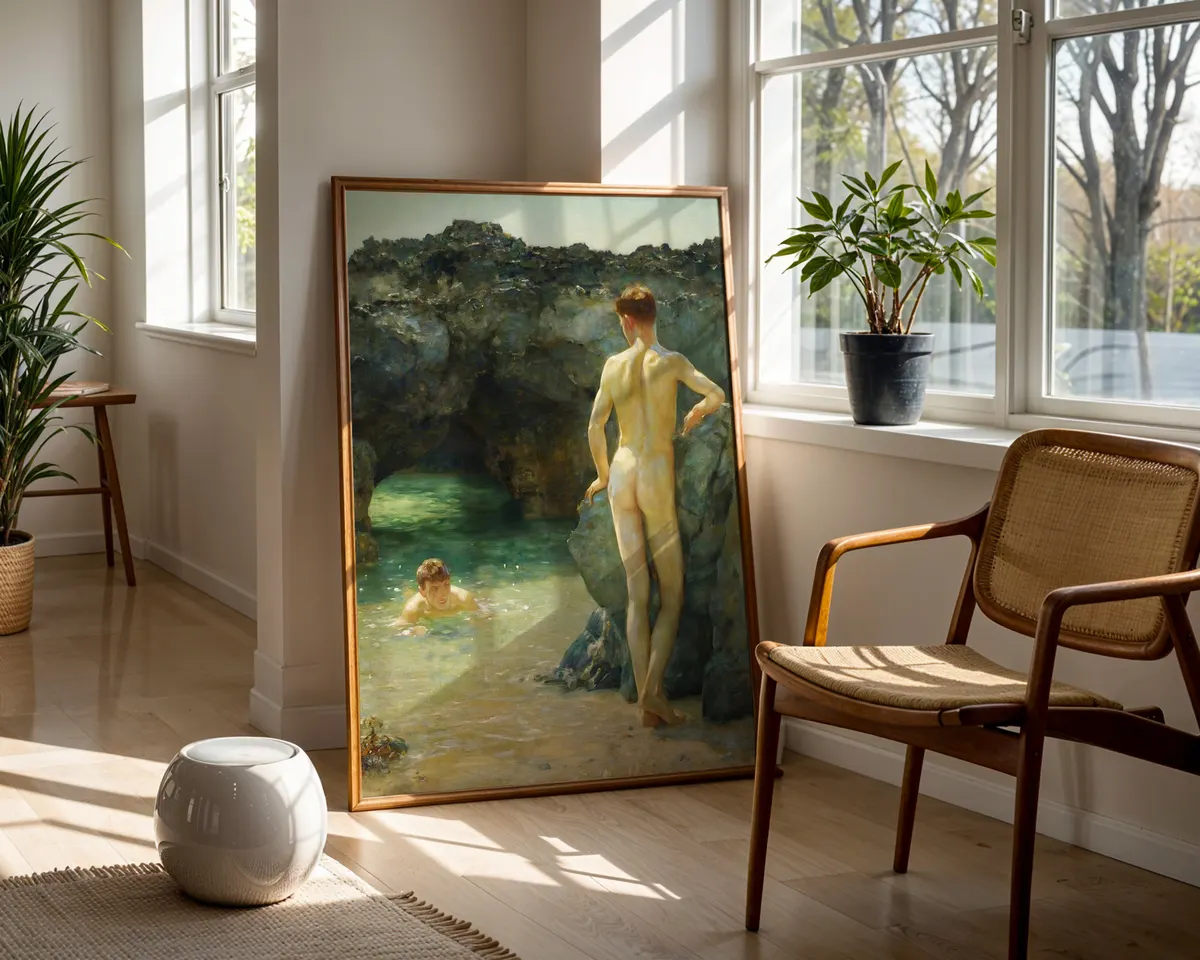 Victorian style coastal painting poster of luminous green waterways with dappled light and soft reflections. — photo 5