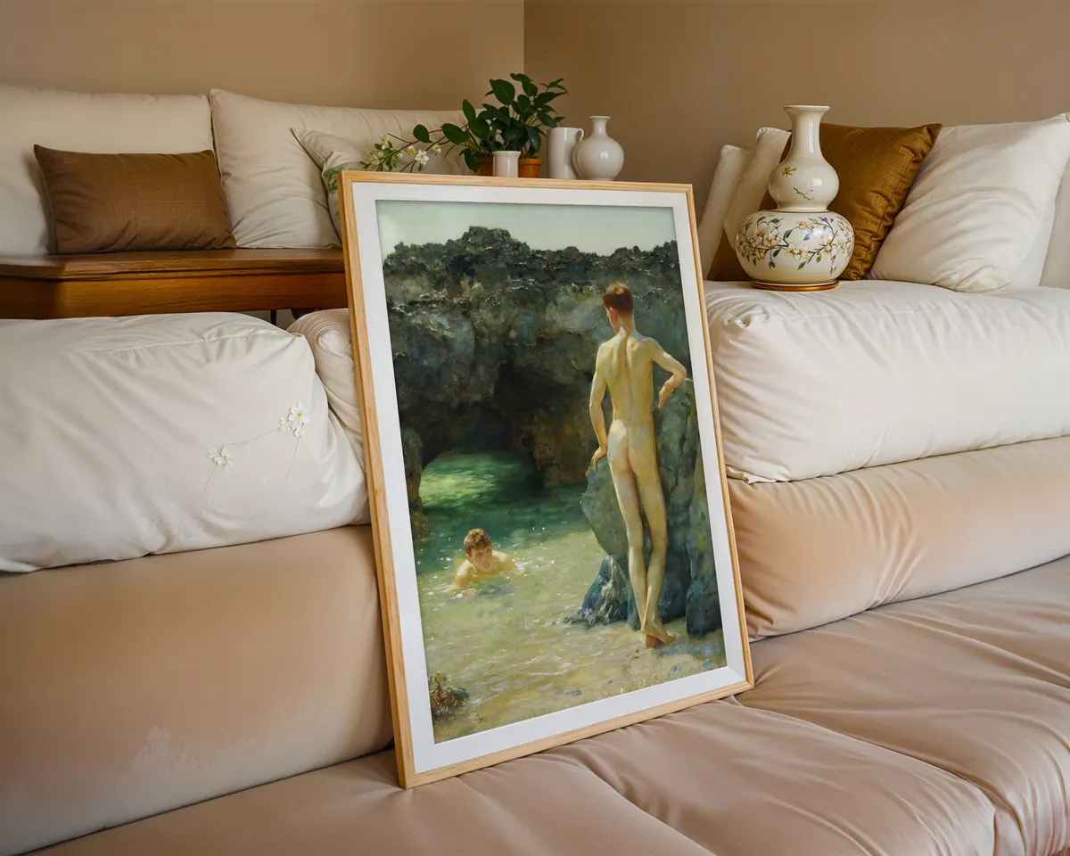 Victorian style coastal painting poster of luminous green waterways with dappled light and soft reflections. — photo 6