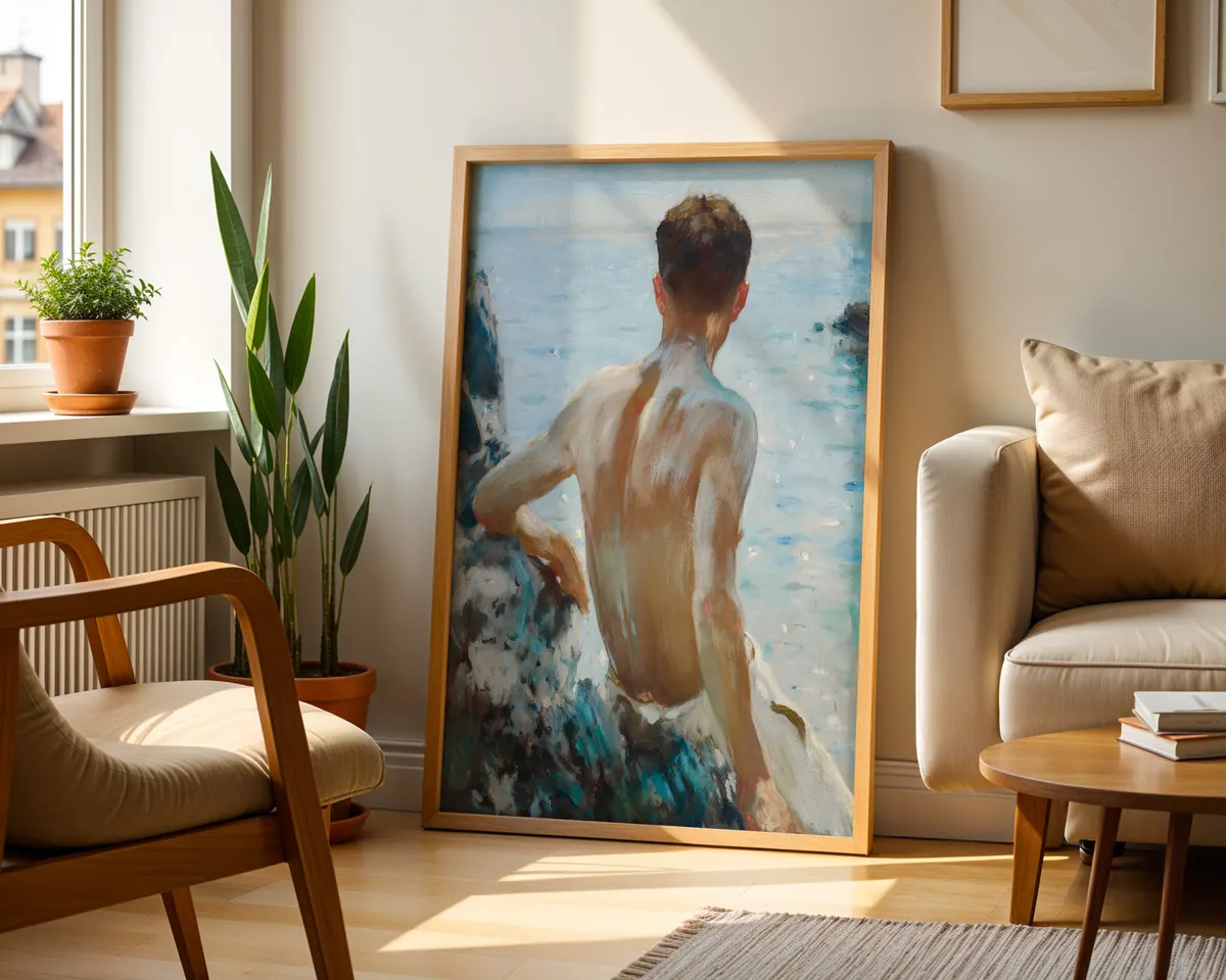 Victorian style coastal art poster of a male figure in warm golden summer seaside light. — photo 2
