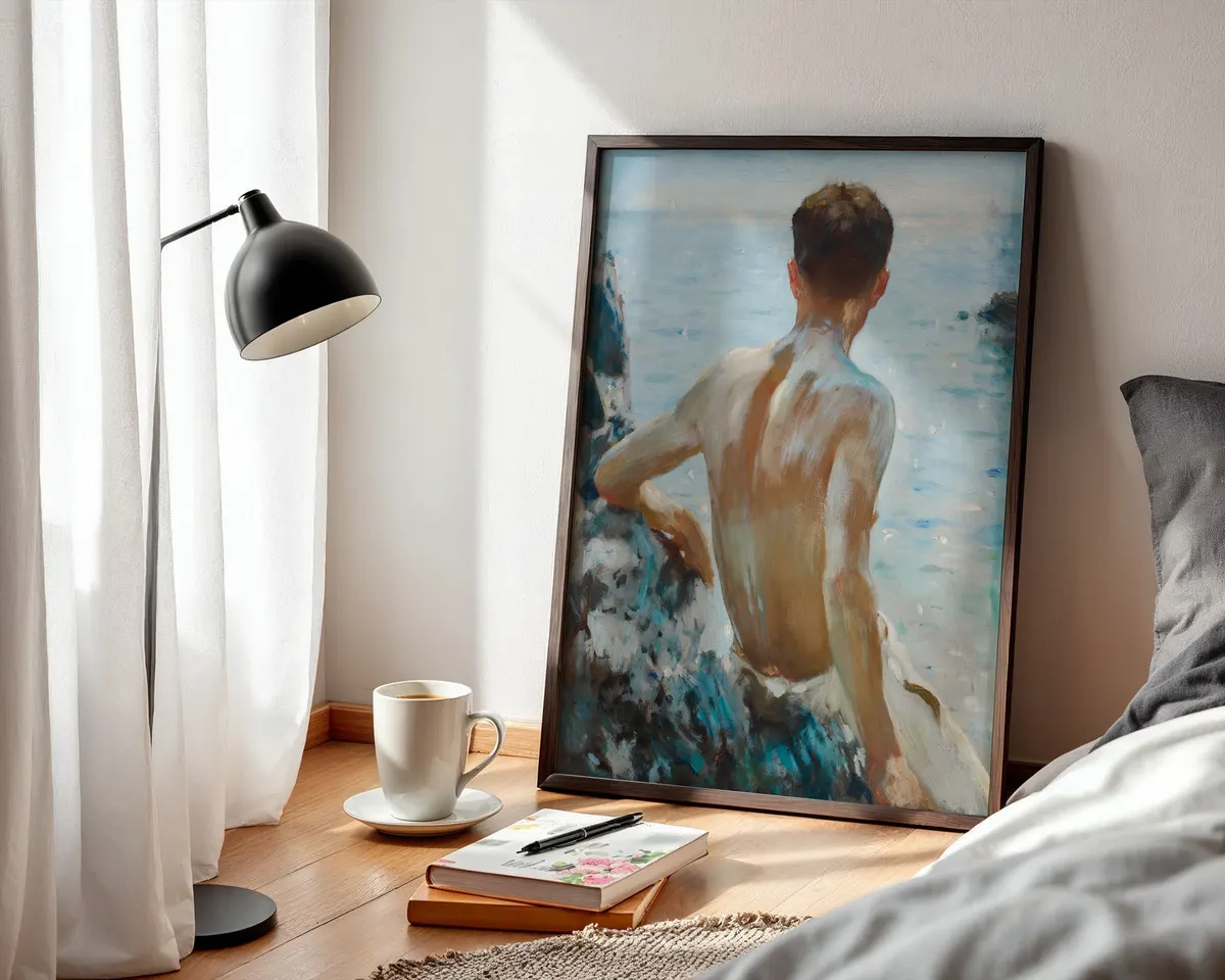 Victorian style coastal art poster of a male figure in warm golden summer seaside light. — photo 3