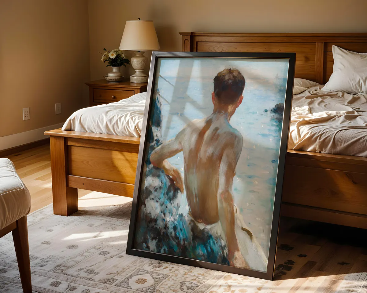 Victorian style coastal art poster of a male figure in warm golden summer seaside light. — photo 4