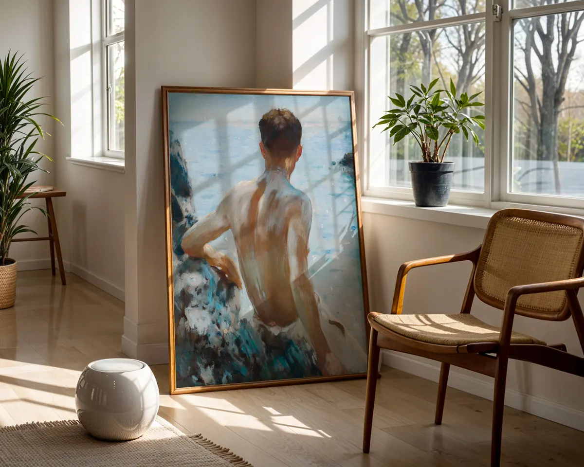 Victorian style coastal art poster of a male figure in warm golden summer seaside light. — photo 5