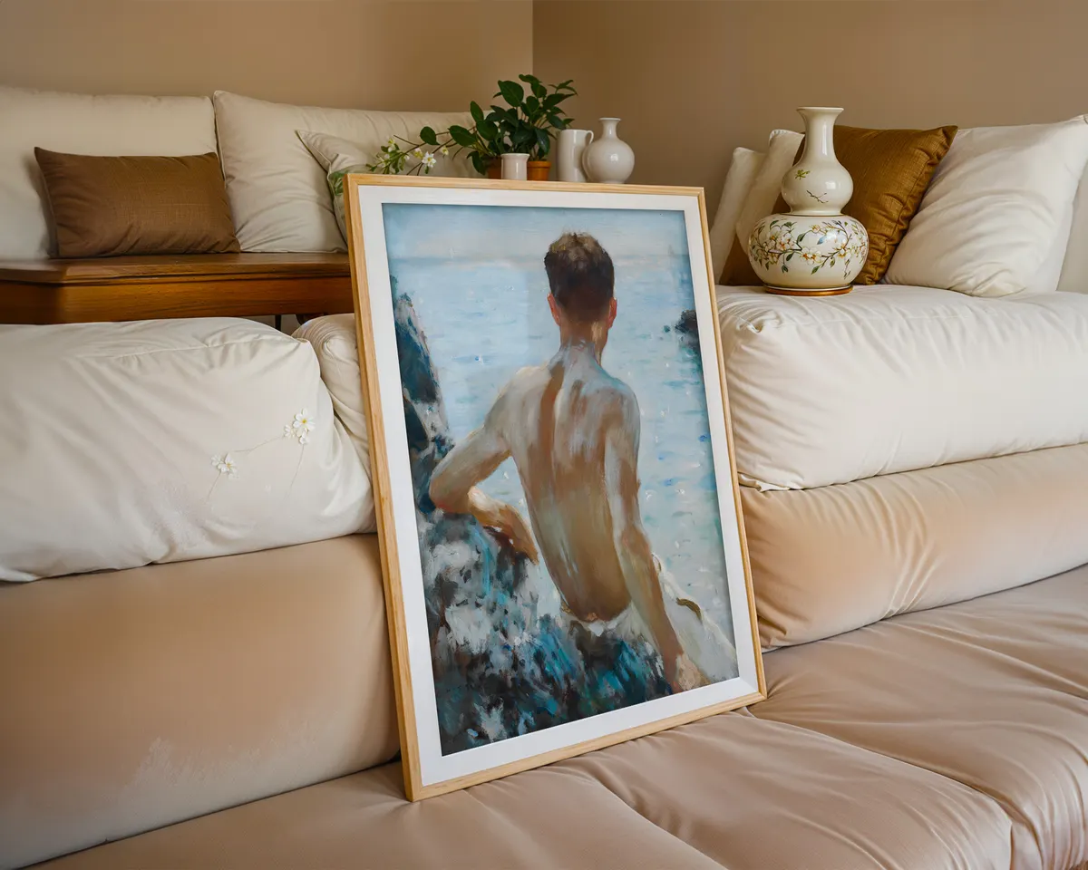 Victorian style coastal art poster of a male figure in warm golden summer seaside light. — photo 6