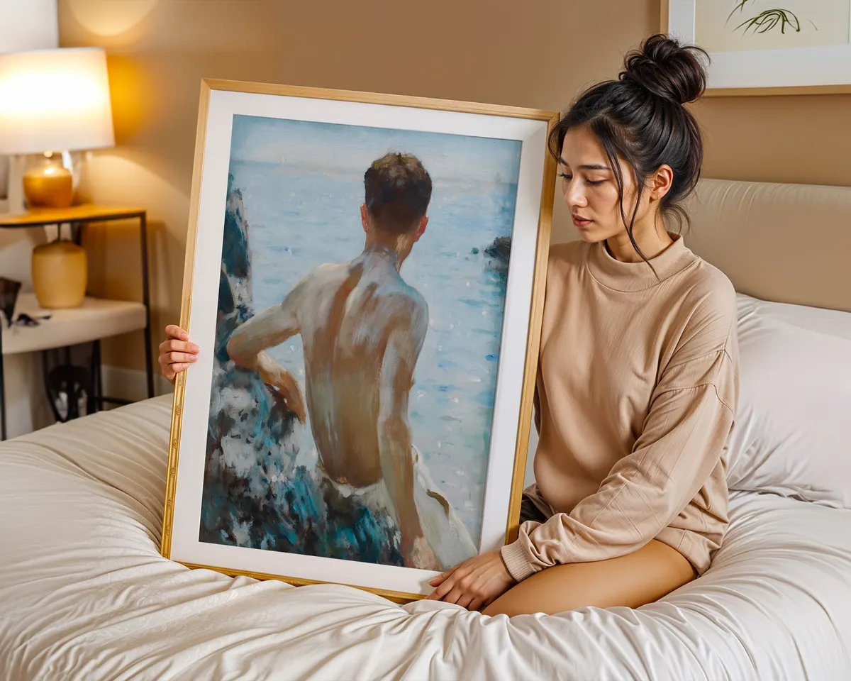 Victorian style coastal art poster of a male figure in warm golden summer seaside light. — photo 7