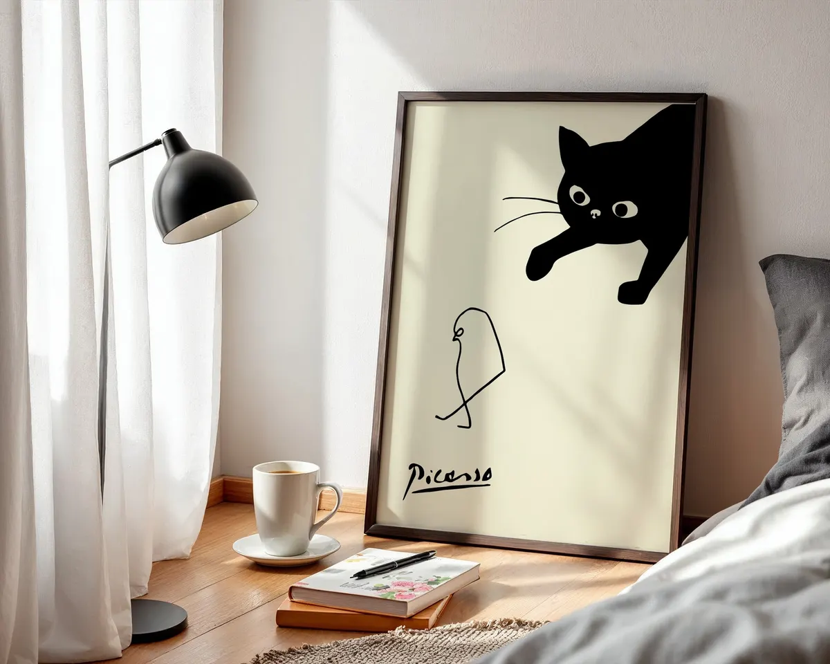 Cubist style poster of a cat and bird in fractured geometric forms with a bold colour palette. — photo 3