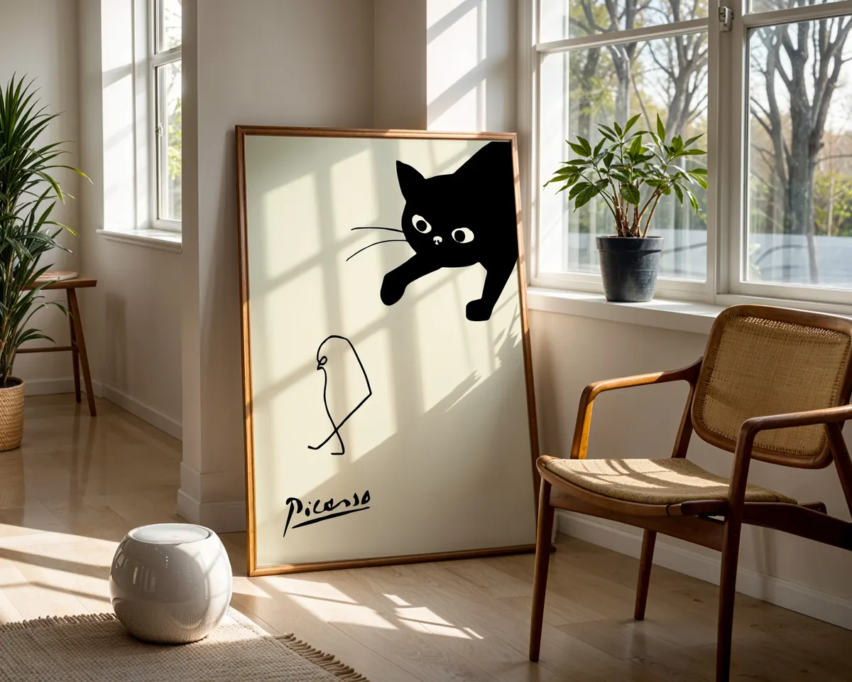 Cubist style poster of a cat and bird in fractured geometric forms with a bold colour palette. — photo 5